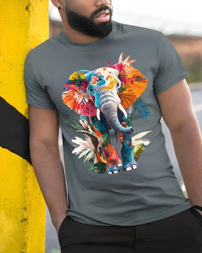 Colorful Elephant T-Shirt with Floral Design Soft Artistic Jungle Tee for Nature Fans - model in grey shirt leaning against column