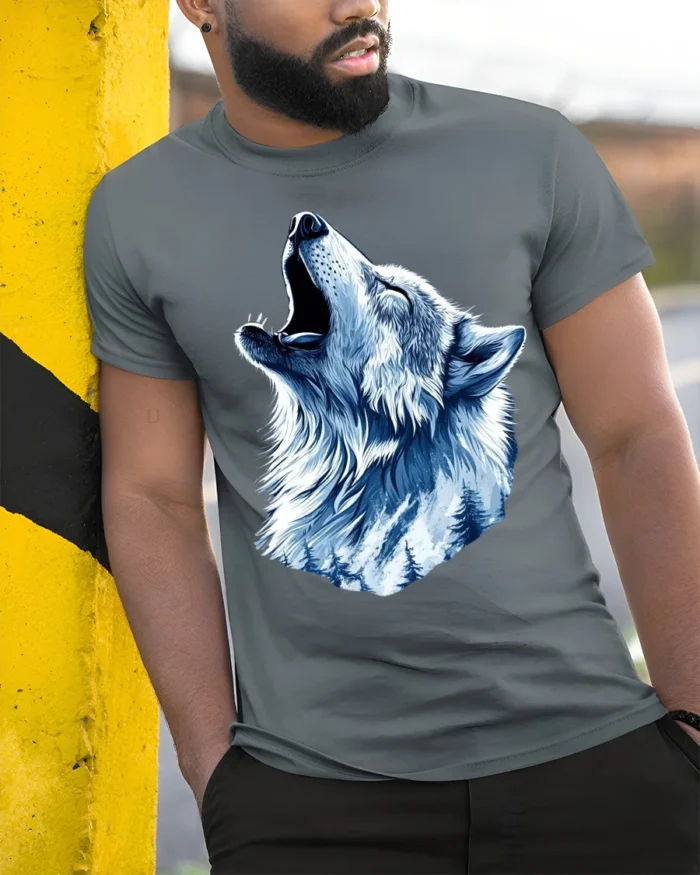Winter Wolf Graphic T-Shirt Mountain Howl Animal Tee for Outdoor and Wildlife Fans - model in grey shirt leaning against column