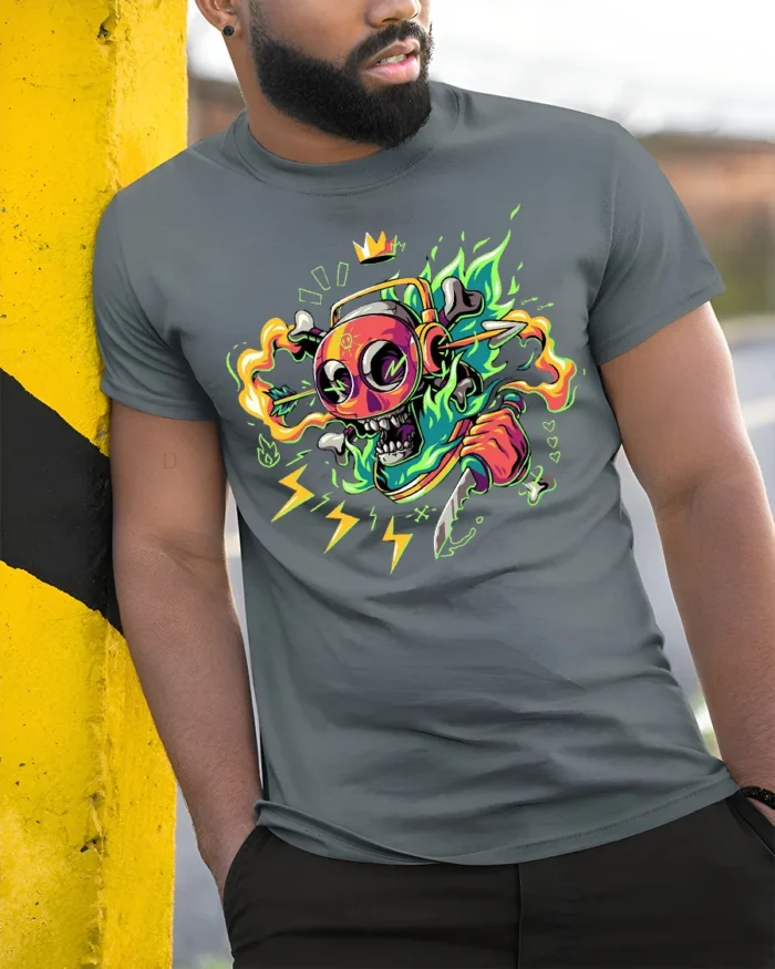 Neon Skull T-Shirt with Knife and Headphones Graphic Street Tee for Edgy Looks - model in grey shirt leaning against column
