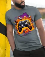 Gamer Controller Explosion T-Shirt Cool Graphic Tee for Video Game Lovers USA - model in grey shirt leaning against column