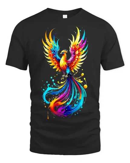 Colorful Phoenix Flame T-Shirt for Men Artistic Firebird Graphic Tee USA - black t-shirt on white background