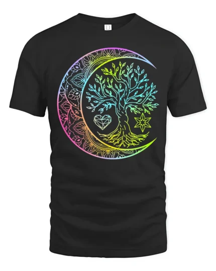 Boho Rainbow Chakra Tree of Life Yoga Zen T-Shirt Celestial Mandala Moon Tee for Free Spirits - black t-shirt on white background