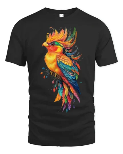 Vibrant Tropical Bird T-Shirt Colorful Artistic Parrot Tee for Nature Lovers - black t-shirt on white background