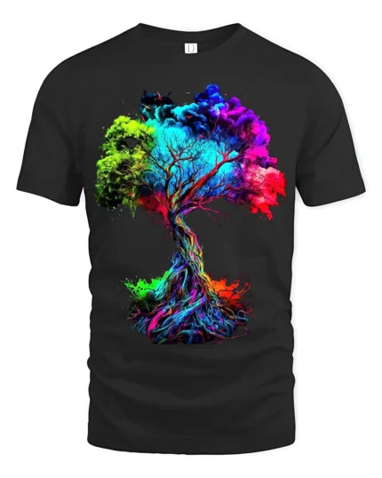 Bold Color Explosion Chakra Tree Of Life Yoga Zen T-Shirt Unique Graphic Tee for Artists and Dreamers - black t-shirt on white background