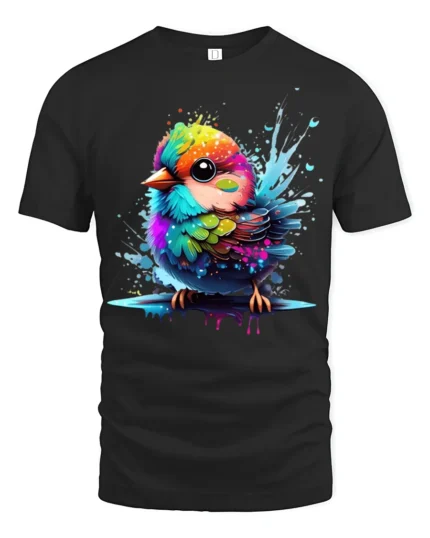 Cute Rainbow Bird Colorful Splash Art Tee for Animal and Nature Lovers - black t-shirt on white background