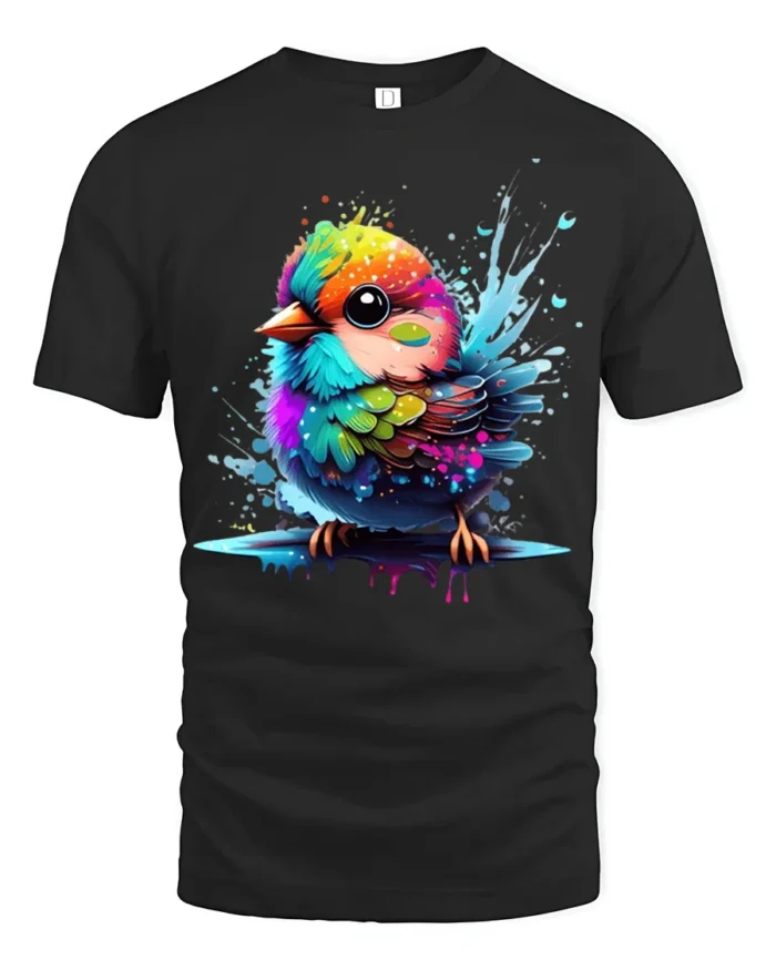 Cute Rainbow Bird Colorful Splash Art Tee for Animal and Nature Lovers - black t-shirt on white background
