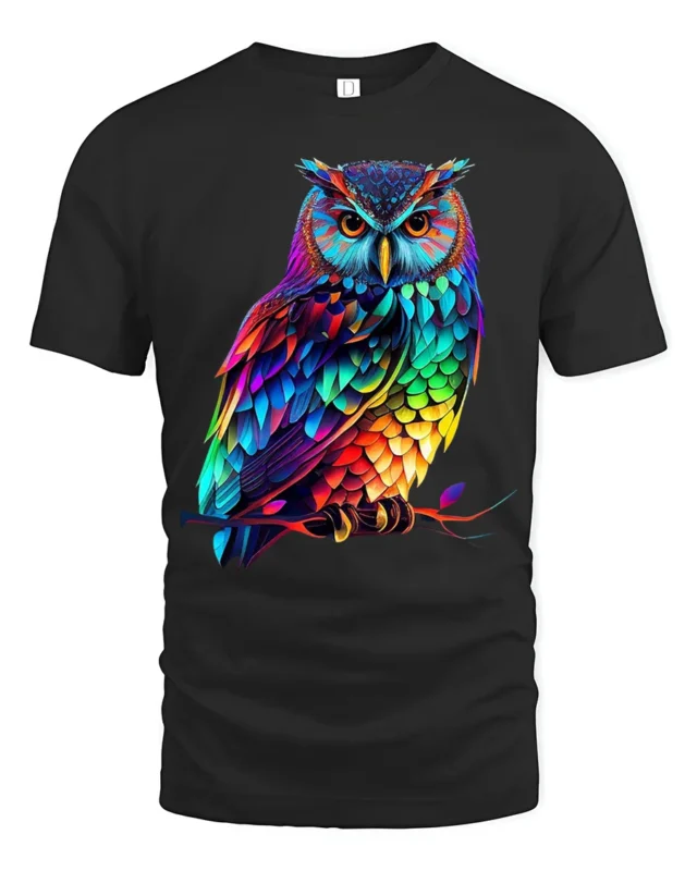 Rainbow Owl T-Shirt Striking Colorful Bird Tee for Animal Art Enthusiasts - black t-shirt on white background