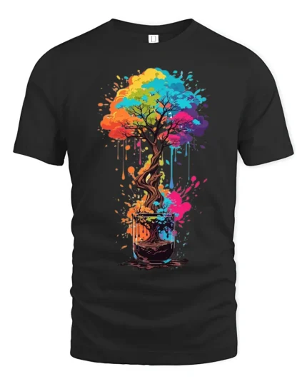 Rainbow Bonsai in a Glass T-Shirt  Artistic Nature Tee for Creative Souls - black t-shirt on white background