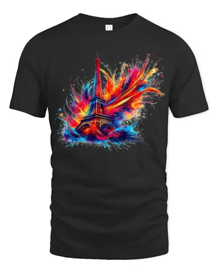 Paris Fireworks Art T-Shirt Colorful Eiffel Tower Tee for Travel and Art Lover - black t-shirt on white background