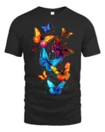 Vivid Rainbow Butterfly T-Shirt Colorful Glow Insect Tee for Nature Lovers - black t-shirt on white background