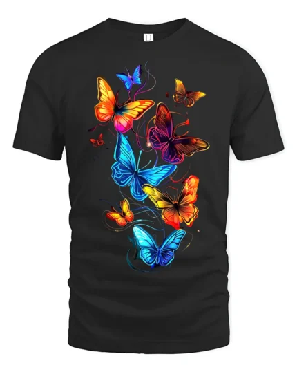 Vivid Rainbow Butterfly T-Shirt Colorful Glow Insect Tee for Nature Lovers - black t-shirt on white background