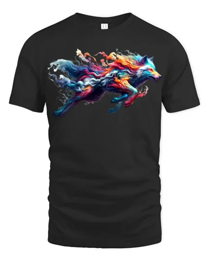 Colorful Wolf T-Shirt for Men Rainbow Spirit Animal Graphic Tee USA Style - black t-shirt on white background