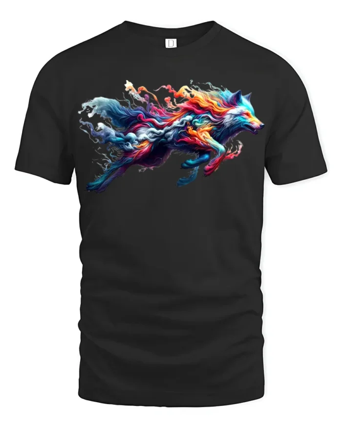Colorful Wolf T-Shirt for Men Rainbow Spirit Animal Graphic Tee USA Style - black t-shirt on white background
