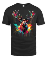 Neon Paint Stag T-Shirt Vibrant Deer Antler Art Printed Tee - black t-shirt on white background