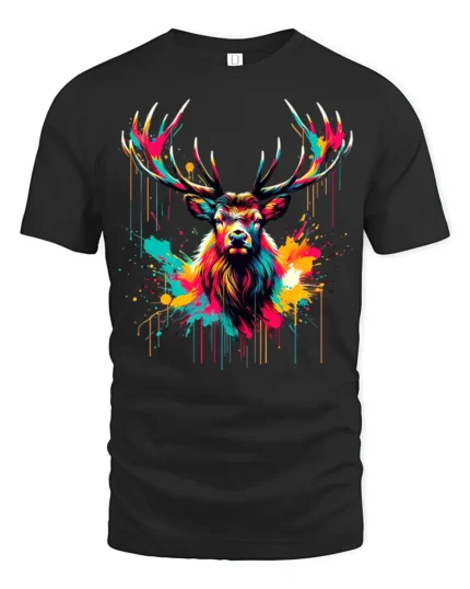 Neon Paint Stag T-Shirt  Vibrant Deer Antler Art Printed Tee - black t-shirt on white background