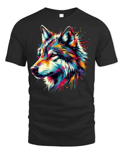 Rainbow Wolf Face T-Shirt Vibrant Graphic Tee with Artistic Detail - black t-shirt on white background