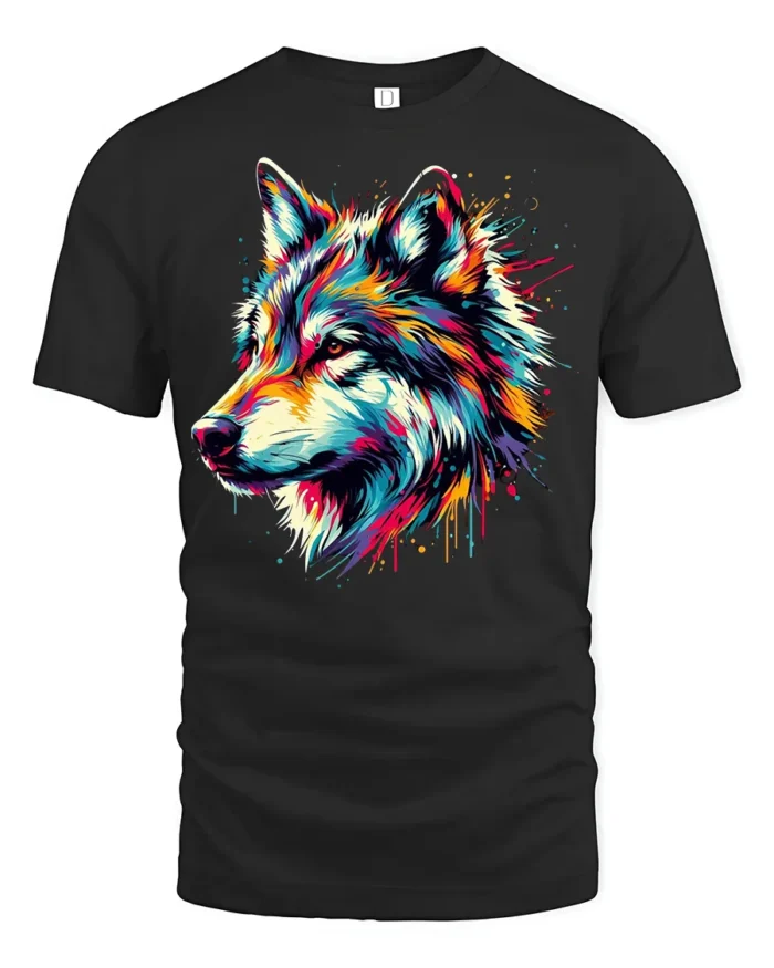 Rainbow Wolf Face T-Shirt Vibrant Graphic Tee with Artistic Detail - black t-shirt on white background