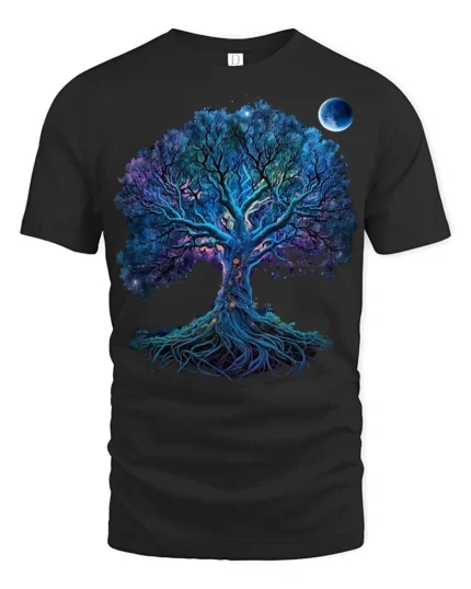 Mystical Chakra Tree of Life Yoga Zen T-Shirt  Night Sky Fantasy Art Tee - black t-shirt on white background