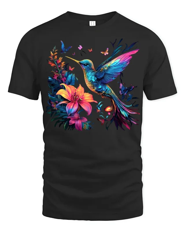 Nature Art Hummingbird T-Shirt Bright Floral Print Tee with Butterflies - black t-shirt on white background