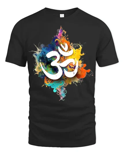 Spiritual Om Symbol T-Shirt Vibrant Color Splash Yoga Zen Tee for Mindfulness - black t-shirt on white background