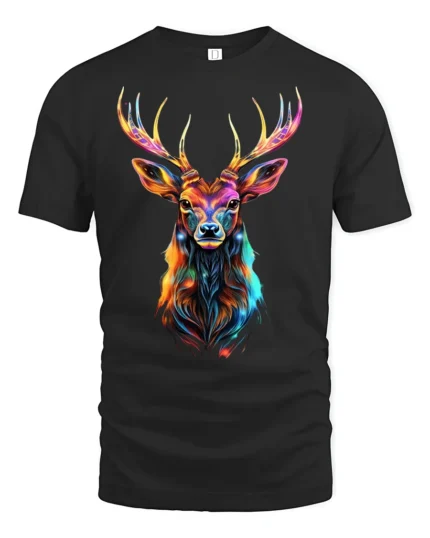 Vibrant Deer Antler T-Shirt Bold Animal Graphic Tee in Bright Rainbow Colors - black t-shirt on white background