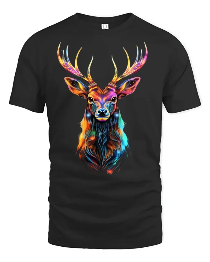 Vibrant Deer Antler T-Shirt Bold Animal Graphic Tee in Bright Rainbow Colors - black t-shirt on white background