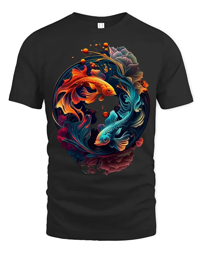 Colorful Yin Yang Fish T-Shirt  Artistic Koi Design Tee for Peace and Balance - black t-shirt on white background