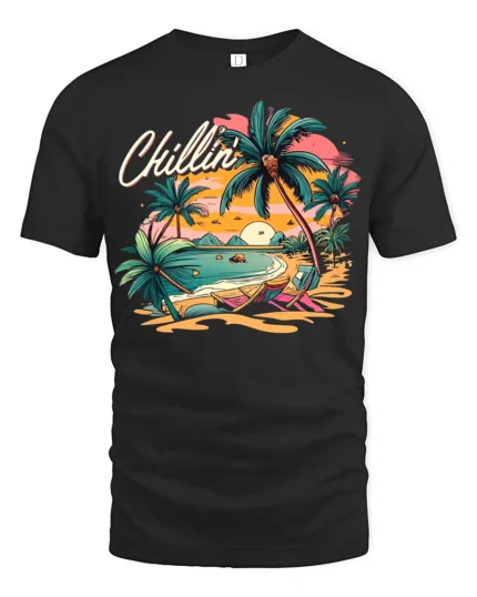 Chillin’ Beach Vibes T-Shirt Retro Palm Tree Sunset Tee for Summer Relaxation - black t-shirt on white background