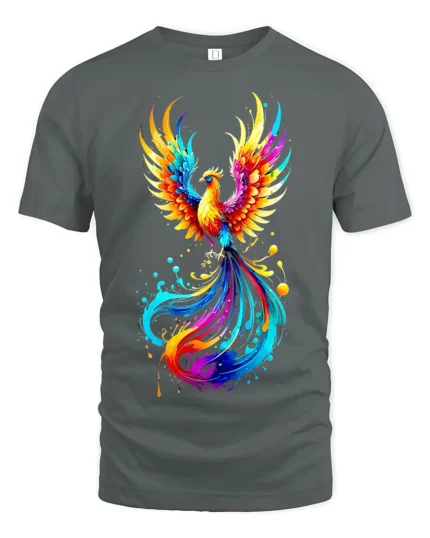 Colorful Phoenix Flame T-Shirt for Men Artistic Firebird Graphic Tee USA - gray t-shirt on white background