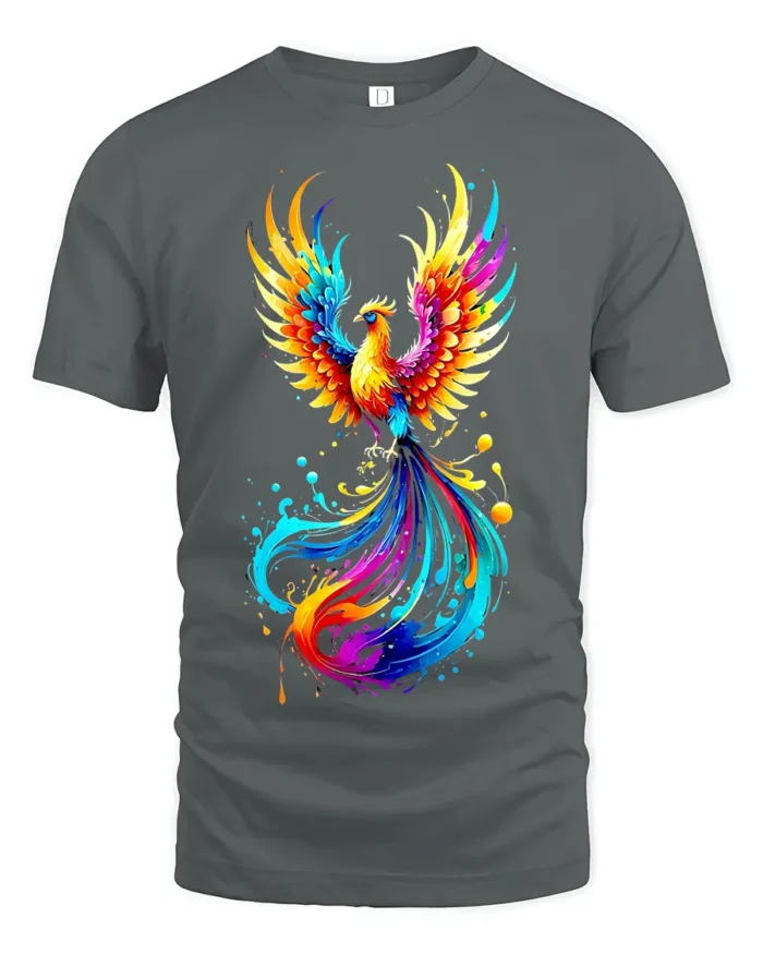 Colorful Phoenix Flame T-Shirt for Men Artistic Firebird Graphic Tee USA - gray t-shirt on white background