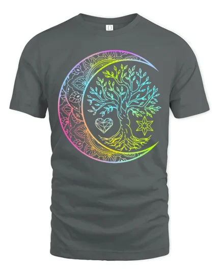 Boho Rainbow Chakra Tree of Life Yoga Zen T-Shirt Celestial Mandala Moon Tee for Free Spirits - gray t-shirt on white background