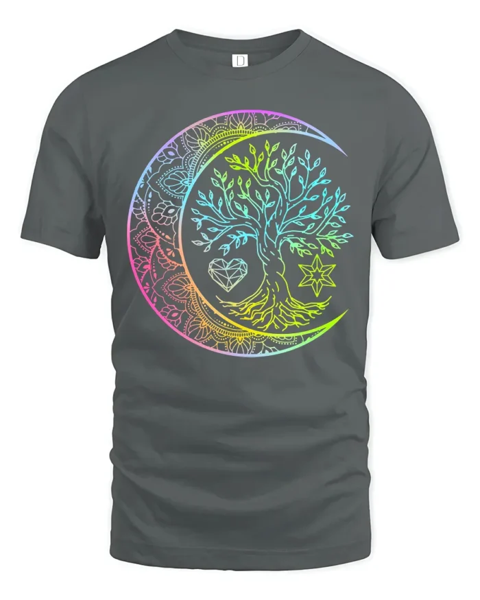 Boho Rainbow Chakra Tree of Life Yoga Zen T-Shirt Celestial Mandala Moon Tee for Free Spirits - gray t-shirt on white background