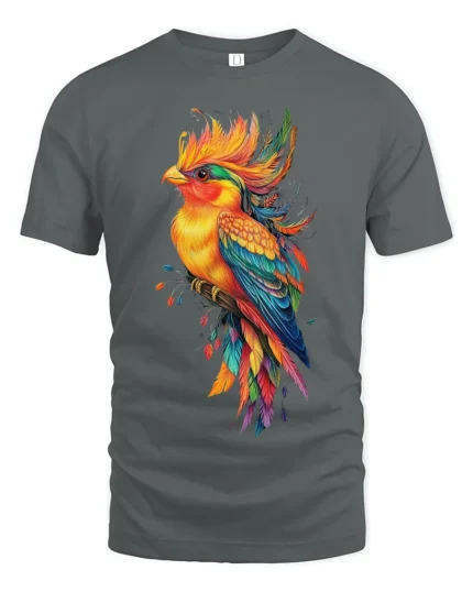 Vibrant Tropical Bird T-Shirt Colorful Artistic Parrot Tee for Nature Lovers - gray t-shirt on white background