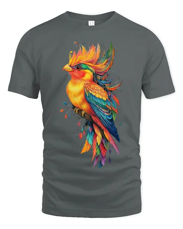 Vibrant Tropical Bird T-Shirt Colorful Artistic Parrot Tee for Nature Lovers - gray t-shirt on white background