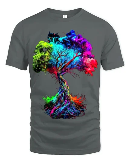 Bold Color Explosion Chakra Tree Of Life Yoga Zen T-Shirt Unique Graphic Tee for Artists and Dreamers - gray t-shirt on white background