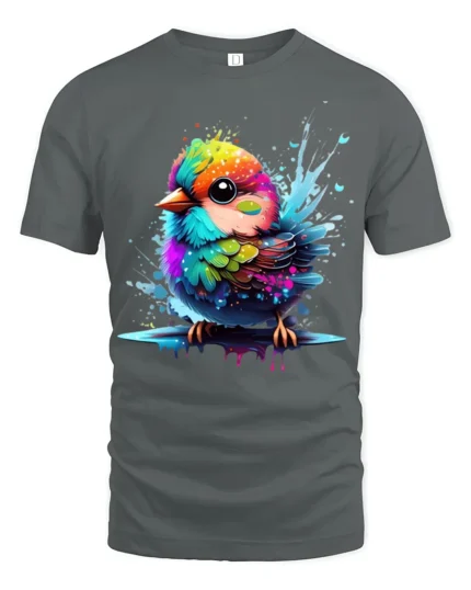 Cute Rainbow Bird Colorful Splash Art Tee for Animal and Nature Lovers - gray t-shirt on white background