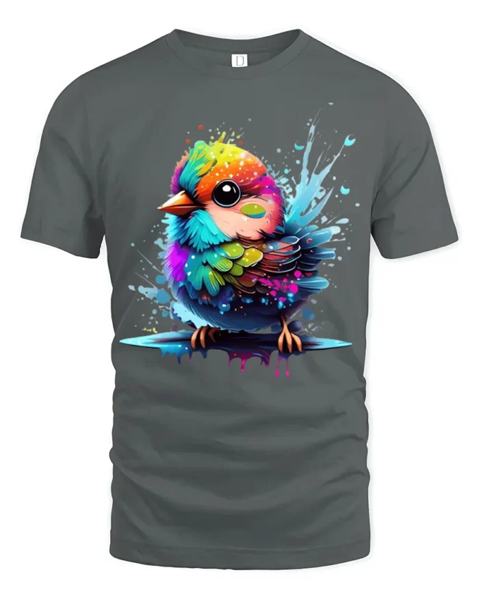 Cute Rainbow Bird Colorful Splash Art Tee for Animal and Nature Lovers - gray t-shirt on white background