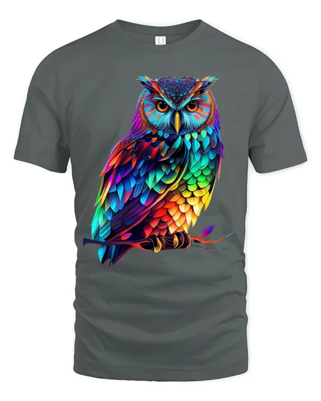 Rainbow Owl T-Shirt Striking Colorful Bird Tee for Animal Art Enthusiasts - gray t-shirt on white background