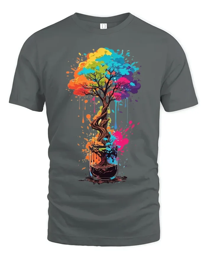 Rainbow Bonsai in a Glass T-Shirt  Artistic Nature Tee for Creative Souls - gray t-shirt on white background