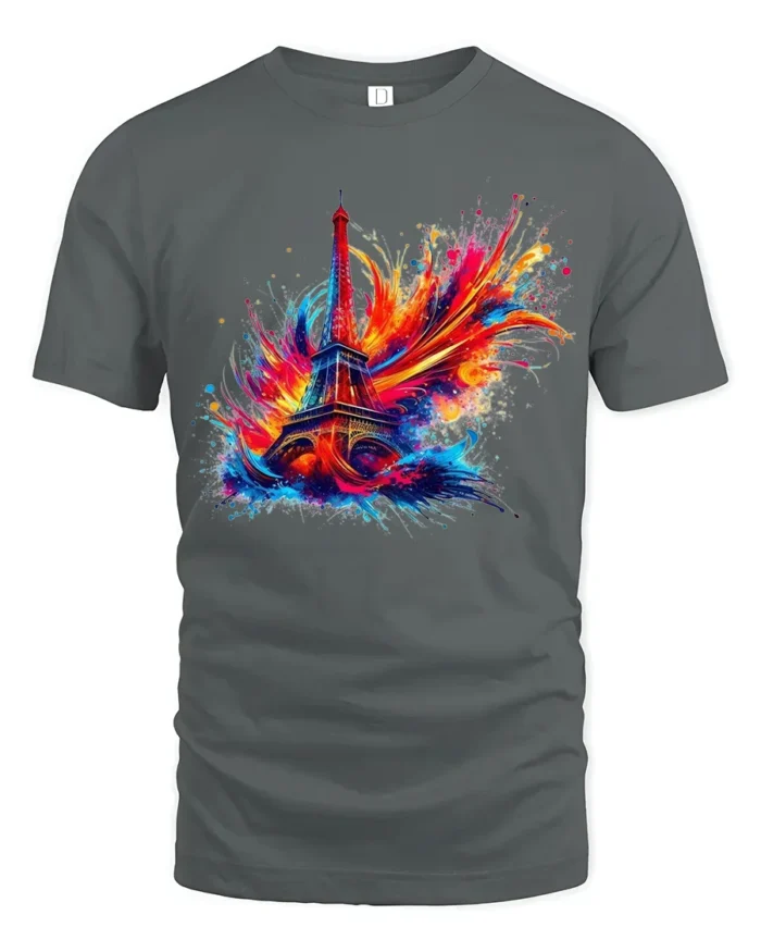 Paris Fireworks Art T-Shirt Colorful Eiffel Tower Tee for Travel and Art Lover - gray t-shirt on white background