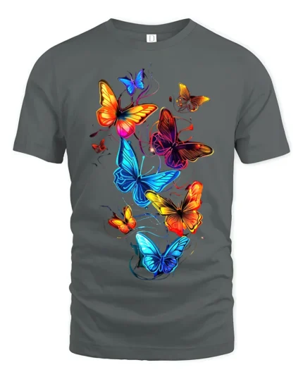 Vivid Rainbow Butterfly T-Shirt Colorful Glow Insect Tee for Nature Lovers - gray t-shirt on white background