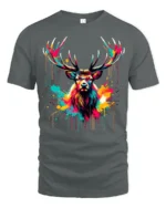 Neon Paint Stag T-Shirt Vibrant Deer Antler Art Printed Tee - gray t-shirt on white background
