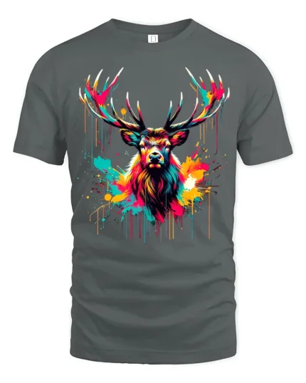 Neon Paint Stag T-Shirt  Vibrant Deer Antler Art Printed Tee - gray t-shirt on white background