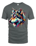 Rainbow Wolf Face T-Shirt Vibrant Graphic Tee with Artistic Detail - gray t-shirt on white background