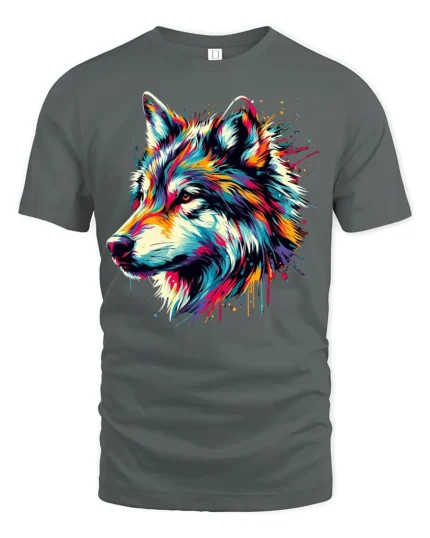 Rainbow Wolf Face T-Shirt Vibrant Graphic Tee with Artistic Detail - gray t-shirt on white background