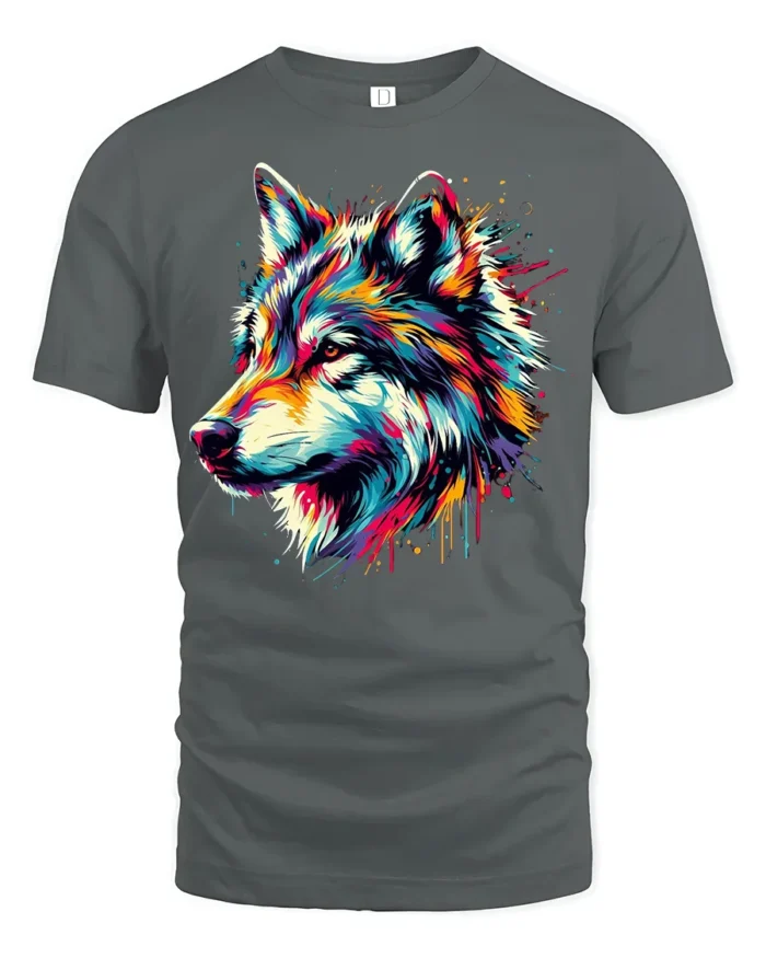 Rainbow Wolf Face T-Shirt Vibrant Graphic Tee with Artistic Detail - gray t-shirt on white background
