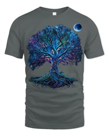 Mystical Chakra Tree of Life Yoga Zen T-Shirt  Night Sky Fantasy Art Tee - gray t-shirt on white background