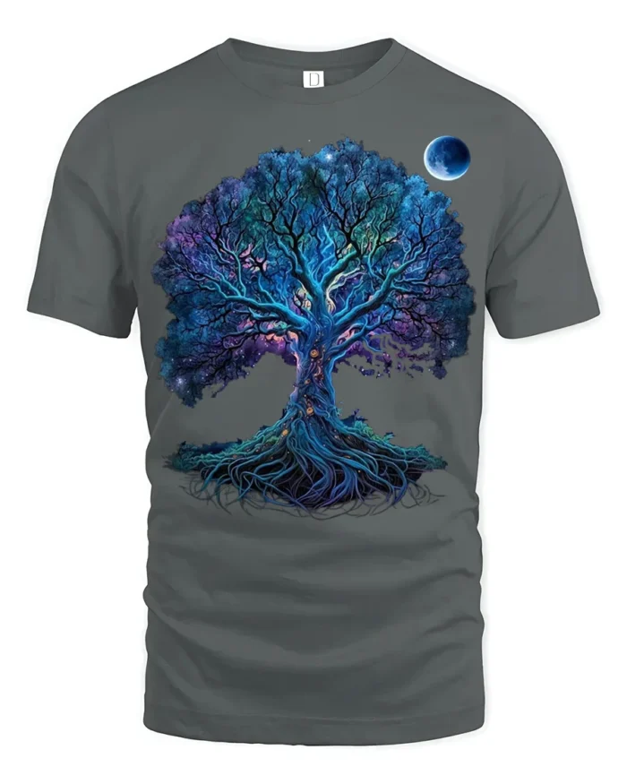 Mystical Chakra Tree of Life Yoga Zen T-Shirt  Night Sky Fantasy Art Tee - gray t-shirt on white background