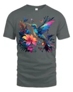 Nature Art Hummingbird T-Shirt Bright Floral Print Tee with Butterflies - gray t-shirt on white background