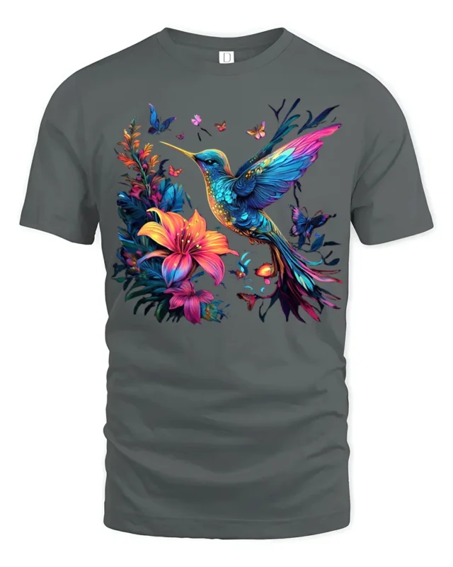 Nature Art Hummingbird T-Shirt Bright Floral Print Tee with Butterflies - gray t-shirt on white background